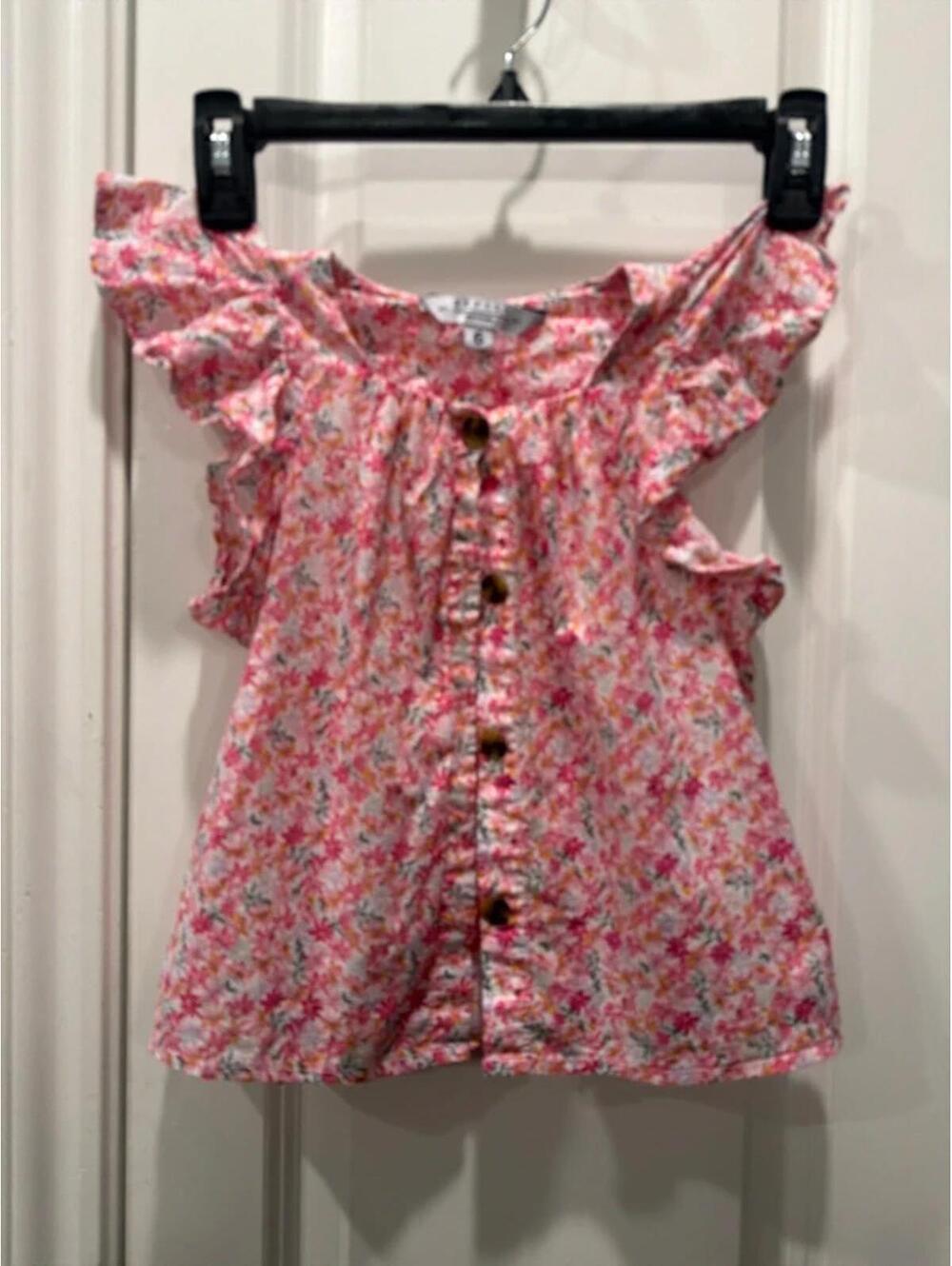 Refill Girls Floral Button-Front Ruffle Sleeve Top Size 6